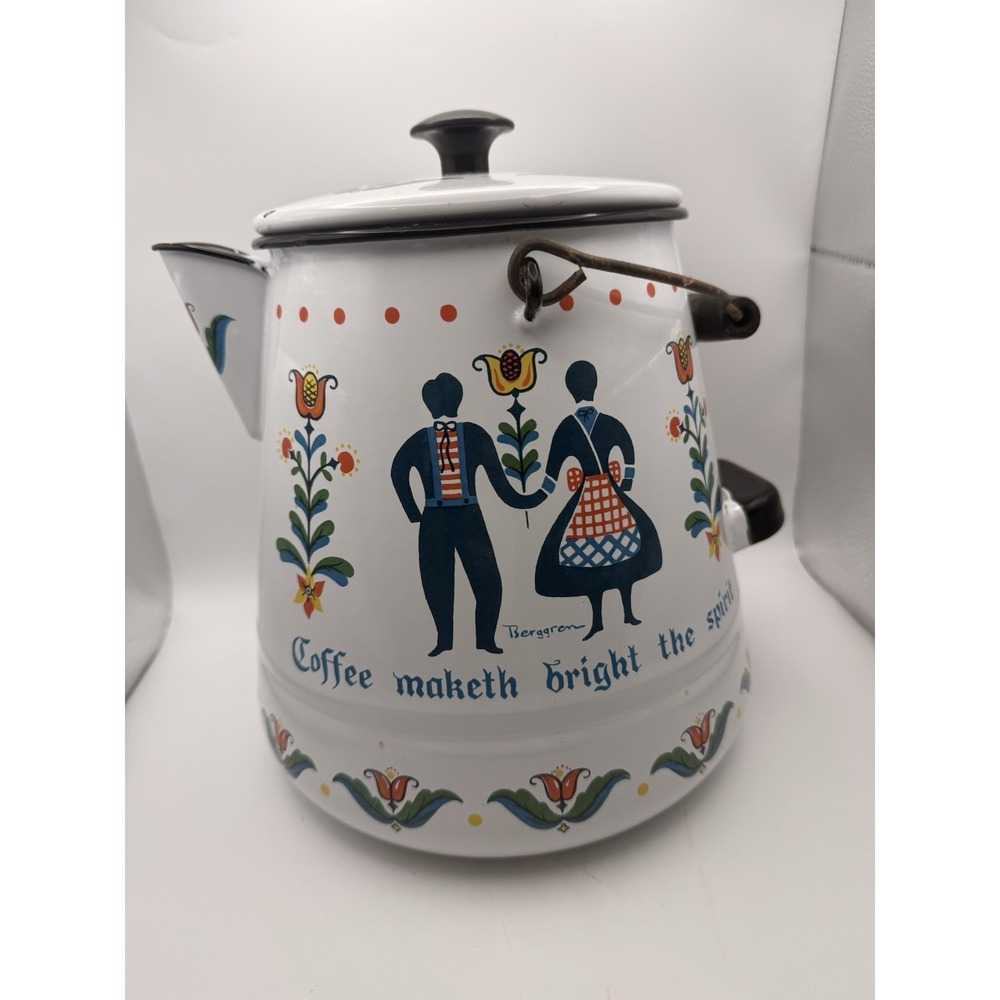 Vintage 10" Enamel Coffee Hot Water Pot, Berggren Floral Hinged, Swedish D2